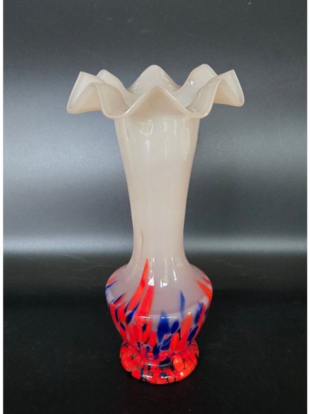 1930s Hand Blown Czech Vase Pale Pink, Red Blue Splatter Glass Technique, w/ ruf